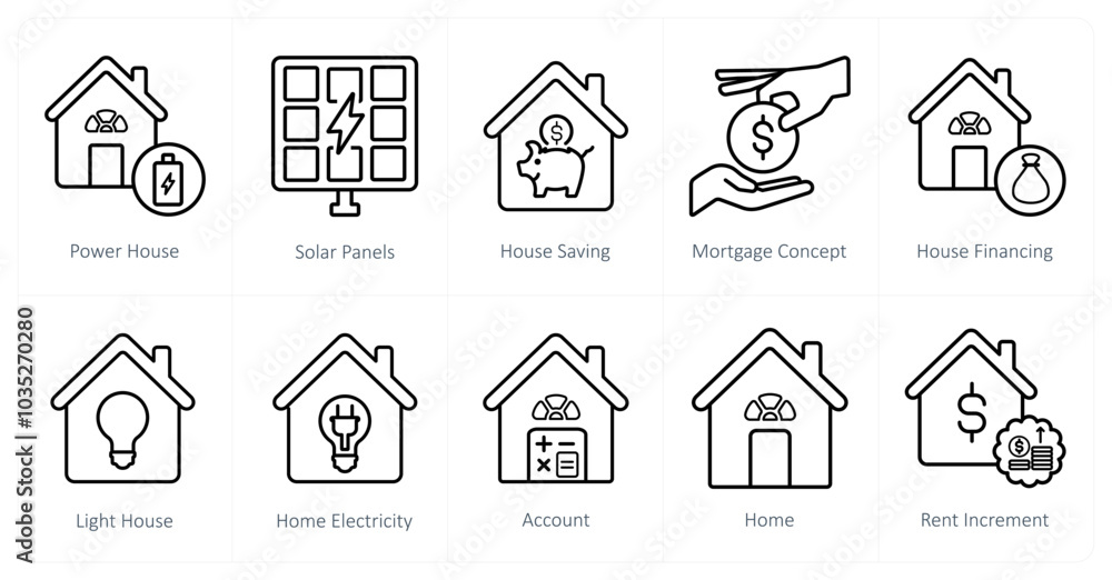 A set of 10 Real Estate icons as power house, solar panels, house savings A set of 10 Real Estate icons as power house, solar panels, house savings