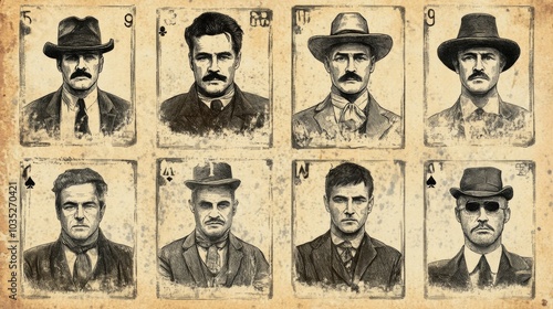 1920s vintage mugshot inspired playing card designs aged textures photo