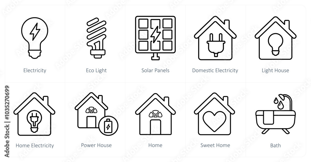 A set of 10 Real Estate icons as electricity, eco light, solar panels A set of 10 Real Estate icons as electricity, eco light, solar panels