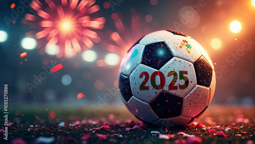 Vibrant Soccer Ball Celebrates Happy New Year 2025: Festive Sports Image for Events and Promotions photo