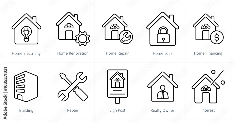 A set of 10 Real Estate icons as home electricity, home renovation, home repair A set of 10 Real Estate icons as home electricity, home renovation, home repair