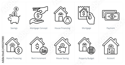 A set of 10 Real Estate icons as savings, mortgage concept, house financing