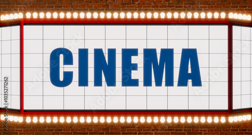 Cinema, display at the movie theater entrance, illuminated light bulbs, Brick wall in the background. photo