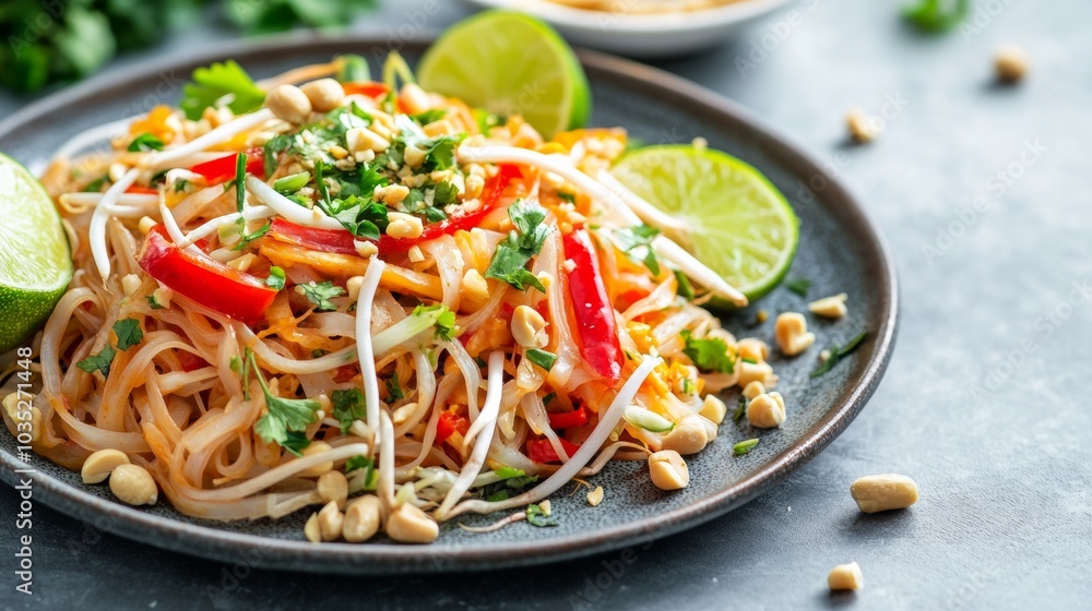 A colorful plate of vegetarian pad thai garnished with peanuts and lime wedges, Pad thai arranged in a mound shape, Soft natural light for a fresh appearance A colorful plate of vegetarian pad thai garnished with peanuts and lime wedges, Pad thai arranged in a mound shape, Soft natural light for a fresh appearance