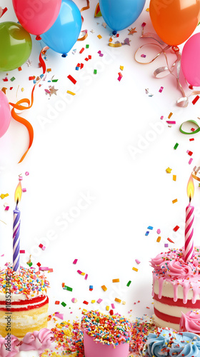A photo frame with birthday decorations, balloons, and confetti isolated on a transparent background