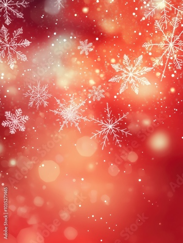 A festive holiday background featuring glowing bokeh lights and sparkling snowflakes on a warm gradient of orange and red. Perfect for Christmas and winter-themed designs, greeting cards, invitations,