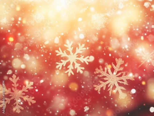 A festive holiday background featuring glowing bokeh lights and sparkling snowflakes on a warm gradient of orange and red. Perfect for Christmas and winter-themed designs, greeting cards, invitations,