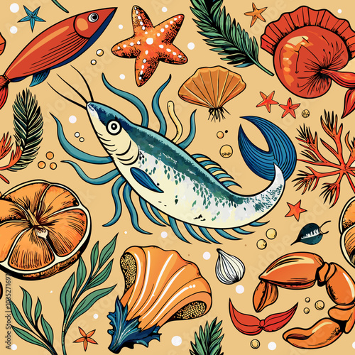 A vibrant and playful seamless pattern featuring a variety of nautical elements, including a colorful fish, starfish, seashells, and seaweed.