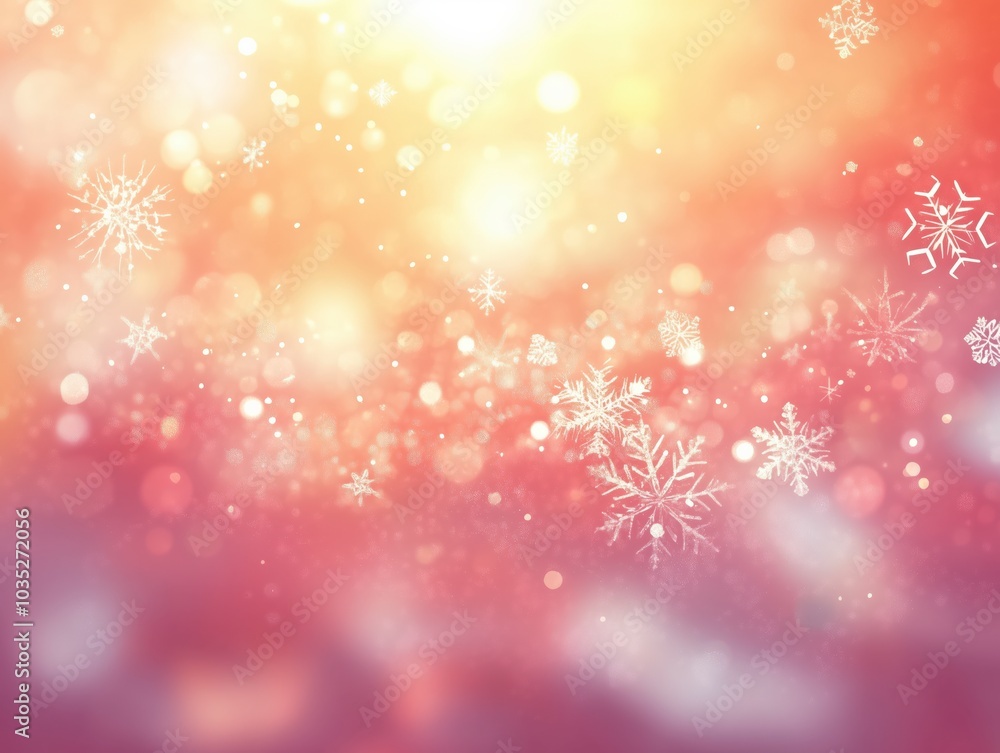 A festive holiday background featuring glowing bokeh lights and sparkling snowflakes on a warm gradient of orange and red. Perfect for Christmas and winter-themed designs, greeting cards, invitations,