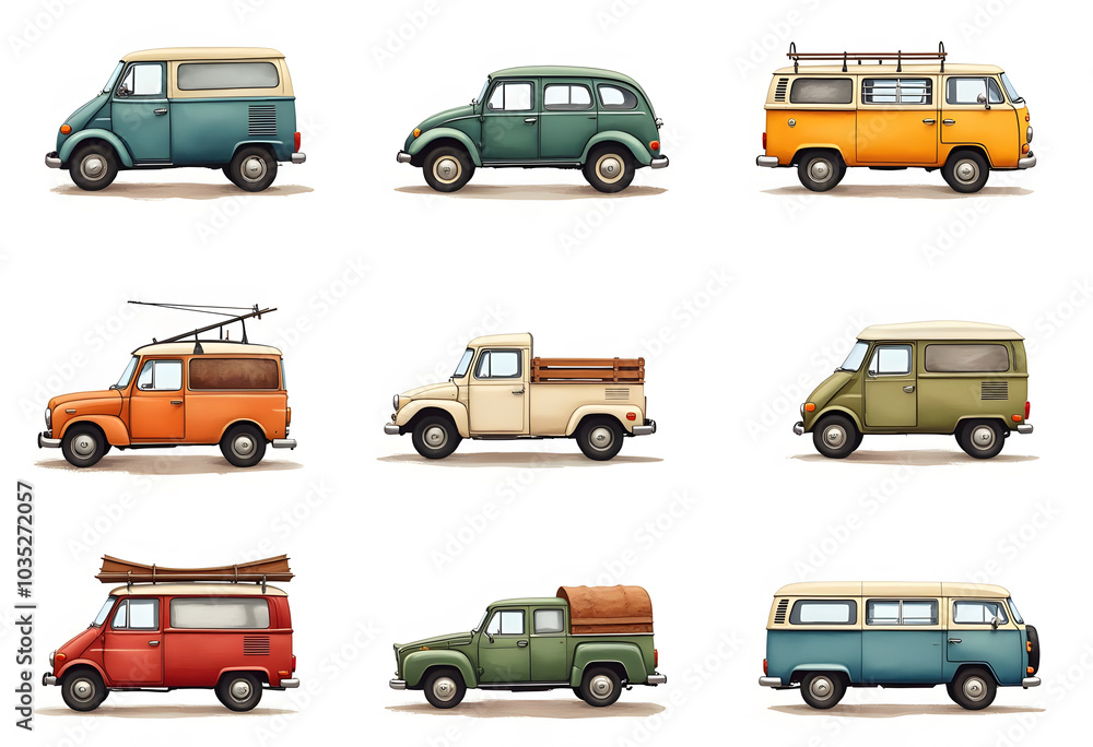 Naklejka premium Pickup truck vintage. Pattern with retro pickup truck. Vector doodle illustration 