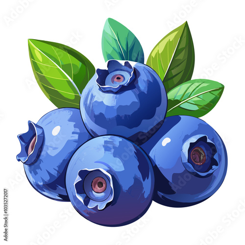 A vibrant illustration of blueberries with lush green leaves, perfect for adding a touch of freshness and natural beauty to your designs. This image evokes feelings of healthy eating, summery vibes.