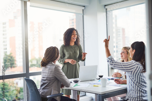 Fototapete Business women, presentation and meeting question with PR management and planning campaign project