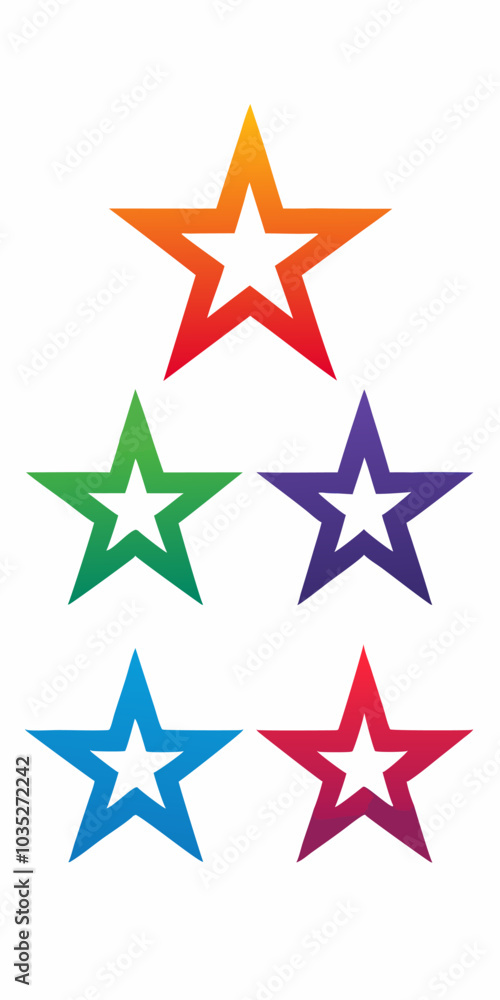 Five colorful stars with a white center, perfect for adding a touch of sparkle and cheer to your projects. These vibrant stars are ideal for branding, website design, and social media graphics. Five colorful stars with a white center, perfect for adding a touch of sparkle and cheer to your projects. These vibrant stars are ideal for branding, website design, and social media graphics.