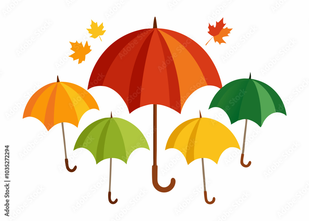 A vibrant illustration featuring five colorful umbrellas with autumn leaves, perfect for adding a touch of warmth and whimsy to your designs. Ideal for fall-themed projects, greeting cards. A vibrant illustration featuring five colorful umbrellas with autumn leaves, perfect for adding a touch of warmth and whimsy to your designs. Ideal for fall-themed projects, greeting cards.
