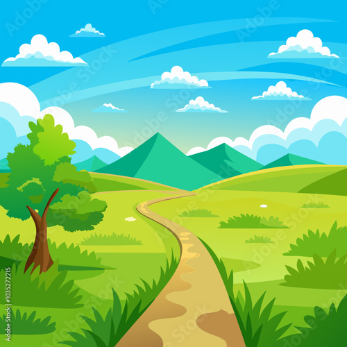 A vibrant cartoon illustration depicting a picturesque landscape with rolling hills, lush green grass, a winding dirt path, and a clear blue sky dotted with fluffy clouds.