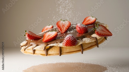 Close-up of crepe with Nutella, strawberries, and powdered sugar