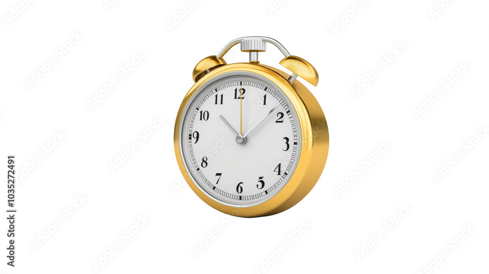 Gold alarm clock with white dial, isolated on transparent background Gold alarm clock with white dial, isolated on transparent background