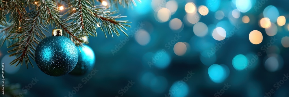 Elegant Christmas Ornaments on Evergreen Branch Elegant Christmas Ornaments on Evergreen Branch