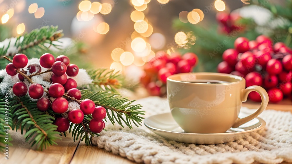 Fototapeta premium Cozy Christmas scene with hot coffee, red berries, and pine branches