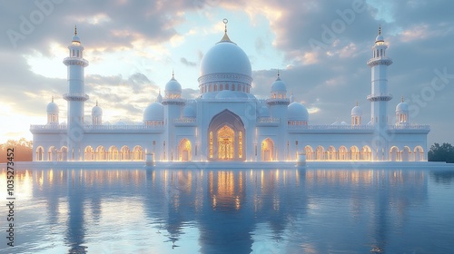 Wallpaper Mural A majestic white mosque reflecting in water under a cloudy sky at dusk. Torontodigital.ca