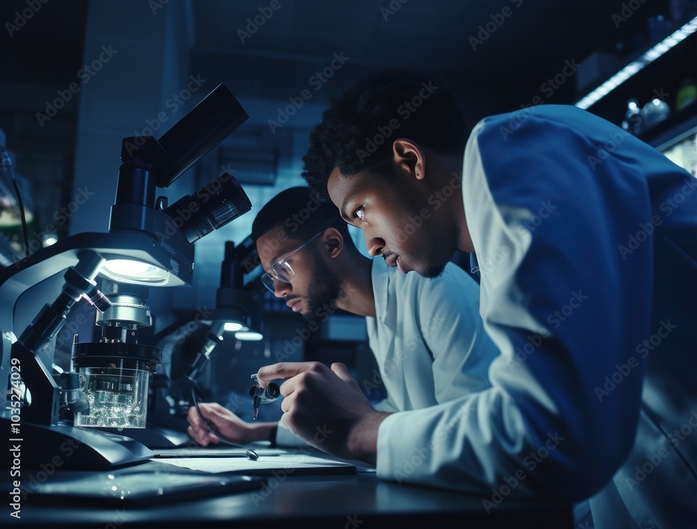 Experimenters in white lab coats working at a biological research center. Scientists are analyzing samples using powerful microscopes in a modern lab environment