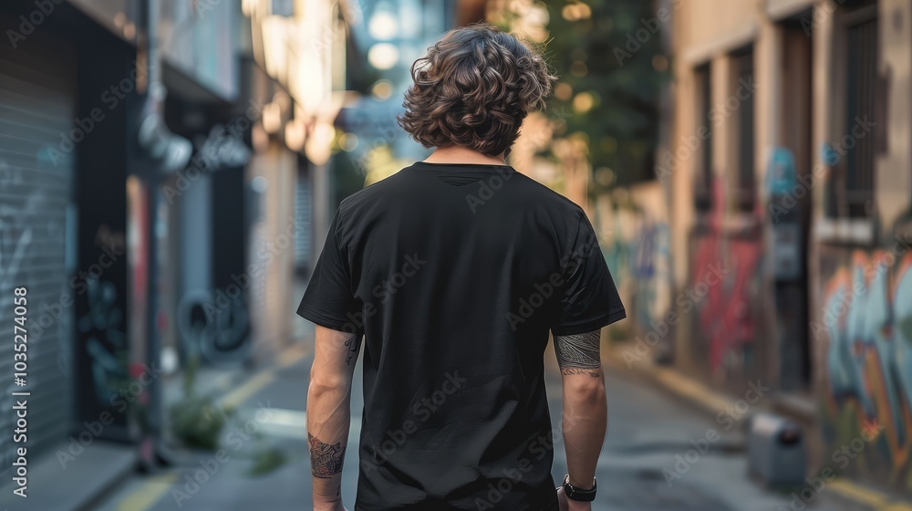 Fototapeta premium A man with curly hair and tattoos walks down a narrow alleyway in an urban city.