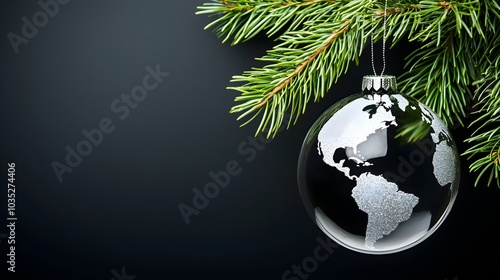 Glass ornament with a globe design, hanging from a pine branch, dark and atmospheric background highlighting the holiday and global unity theme photo