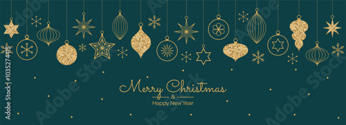 Merry Christmas template background with gold geometric minimalist elements and icons on dark green. Abstract trendy banner with vintage tree decorations in simple flat design. Vector illustration.