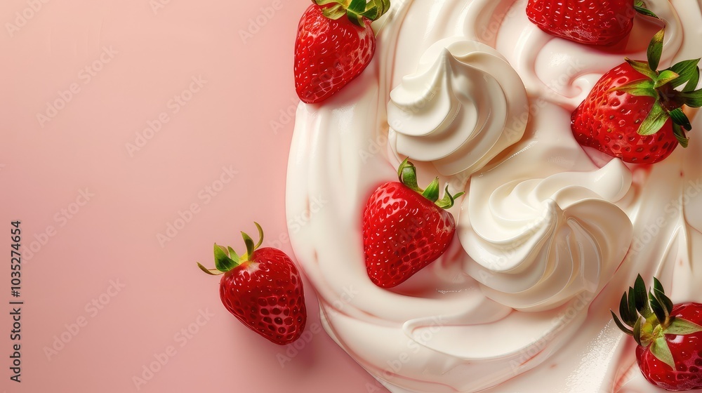 A close-up of a pink background with whipped cream and strawberries. A close-up of a pink background with whipped cream and strawberries.