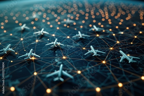 Visual representation of global air traffic with multiple airplanes connected by a network of glowing lines and nodes. photo