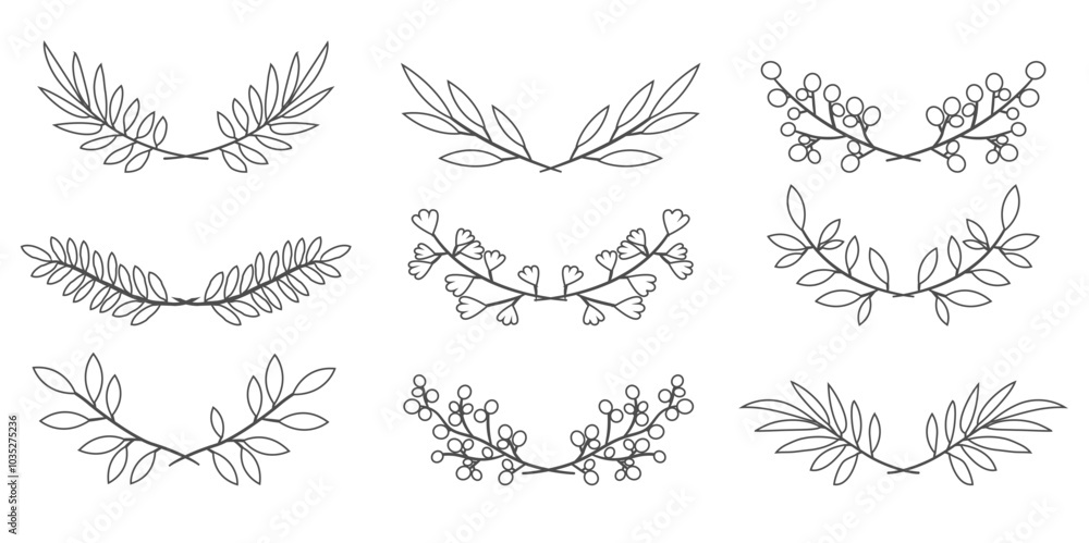Line art wreaths drawing, botanical leaves borders Line art wreaths drawing, botanical leaves borders