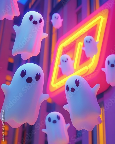 Whimsical ghosts float in a vibrant urban scene illuminated by neon lights evoking a playful halloween atmosphere, cartoon ghost sign vibrant photo