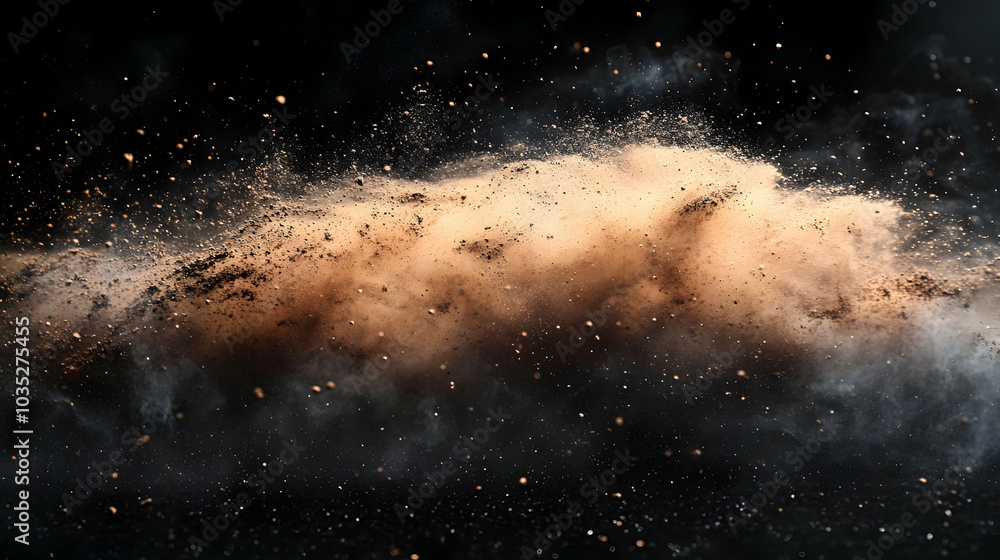 Dust Explosion: A Cloud of Particles Exploding Against a Black Background Dust Explosion: A Cloud of Particles Exploding Against a Black Background