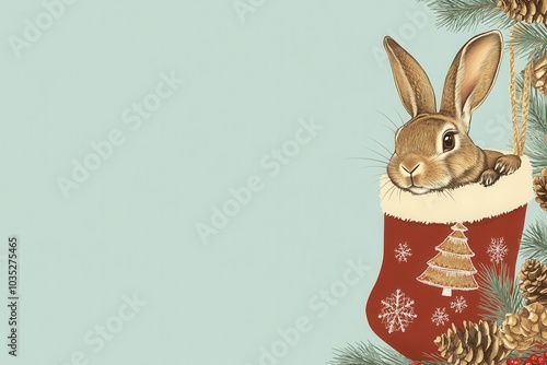 A cute rabbit peeking out of a festive Christmas stocking, surrounded by greenery and pine cones, perfect for holiday themes.