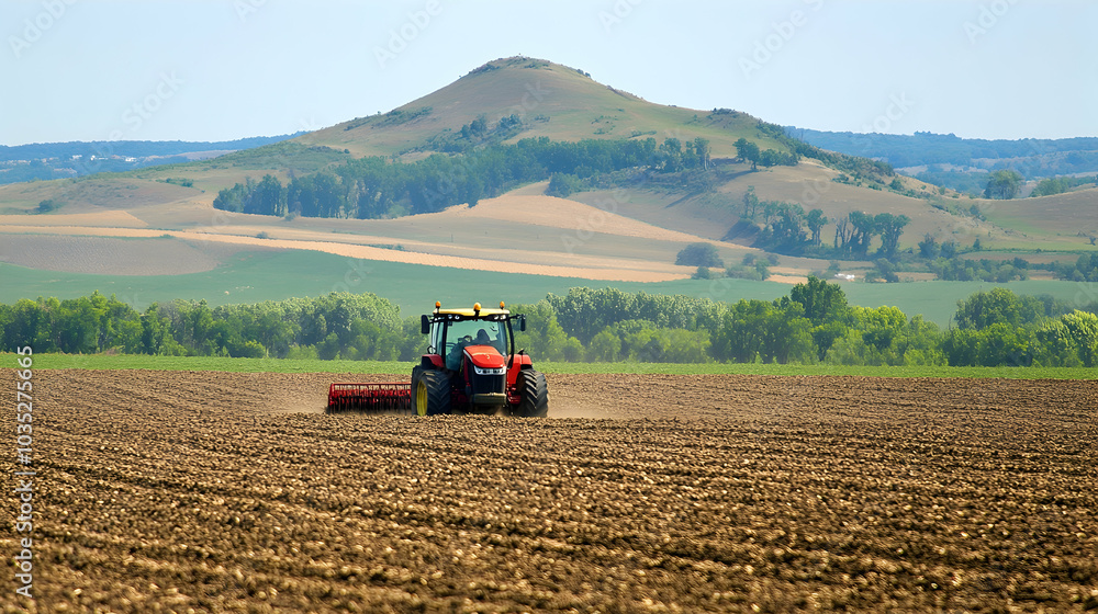 Obraz premium A tractor plowing farmland, highlighting modern agriculture and farming techniques - 