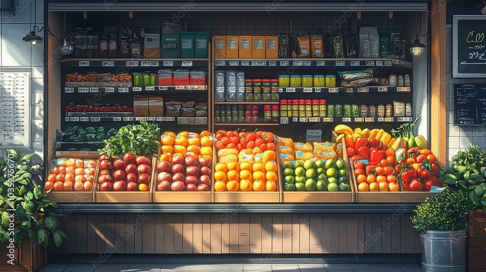 A vibrant market display featuring fresh fruits and vegetables in organized wooden crates. A vibrant market display featuring fresh fruits and vegetables in organized wooden crates.