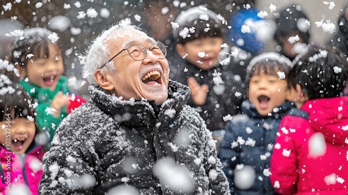 Joyful laughter fills the winter air as an elderly man enjoys a snowy day surrounded by playful children