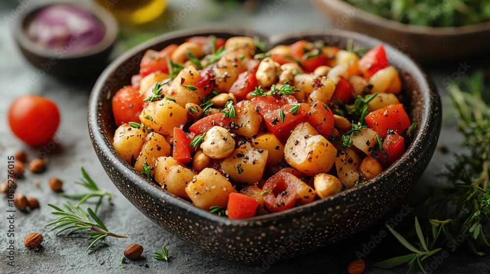 Heartshaped bowl filled with nuts, vegetables, and herbs, colorful closeup, natural lighting, healthy food focus Heartshaped bowl filled with nuts, vegetables, and herbs, colorful closeup, natural lighting, healthy food focus