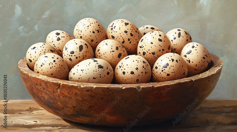 A bowl filled with speckled eggs, showcasing natural textures and colors. A bowl filled with speckled eggs, showcasing natural textures and colors.