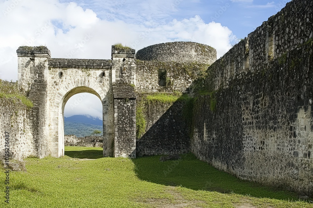 Fototapeta premium Spanish Fort. Ancient Stone Architecture with Medieval Walls and Castle Arches