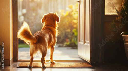 A dog wagging its tail eagerly at the door photo