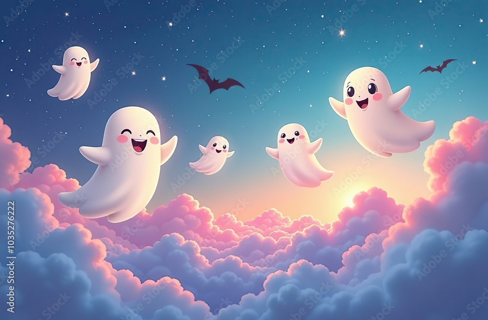 Obraz premium A whimsical scene of cute ghosts floating in a colorful sky above fluffy clouds, perfect for Halloween or fantasy themes