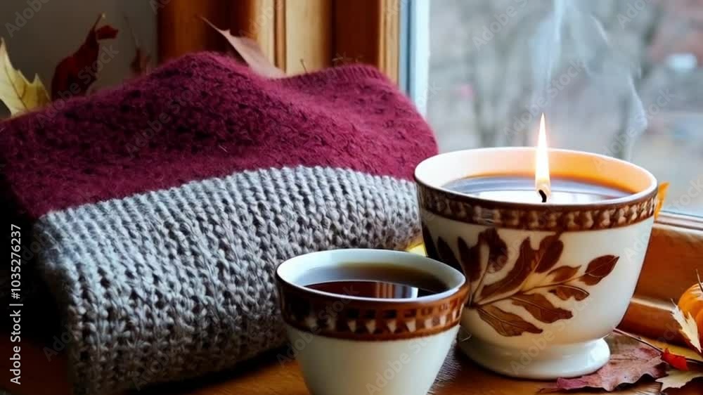 A peaceful autumn still life on a wooden windowsill with a cozy sweater, candle, hot tea, and seasonal decor creating a charming ambiance. A peaceful autumn still life on a wooden windowsill with a cozy sweater, candle, hot tea, and seasonal decor creating a charming ambiance.