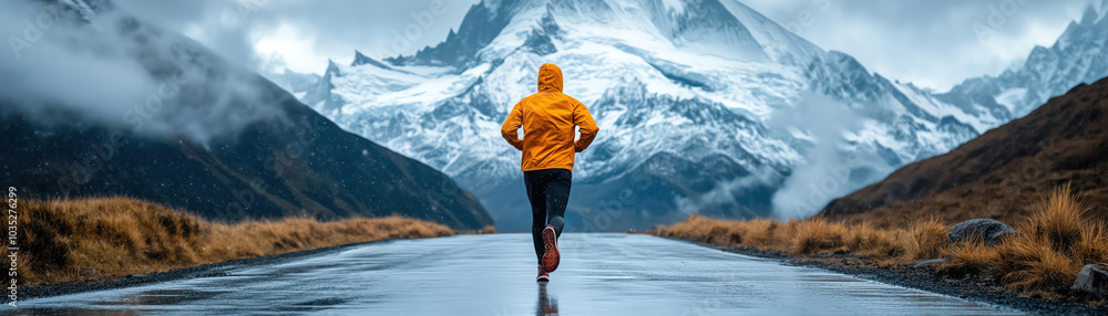 custom made wallpaper toronto digitalMan running on a wet road with snowy mountain views in the background