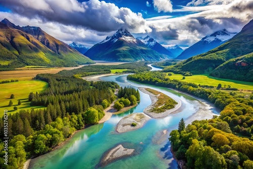 Aerial View of Rees River and Mount Earnslaw near Glenorchy, South Island, New Zealand photo