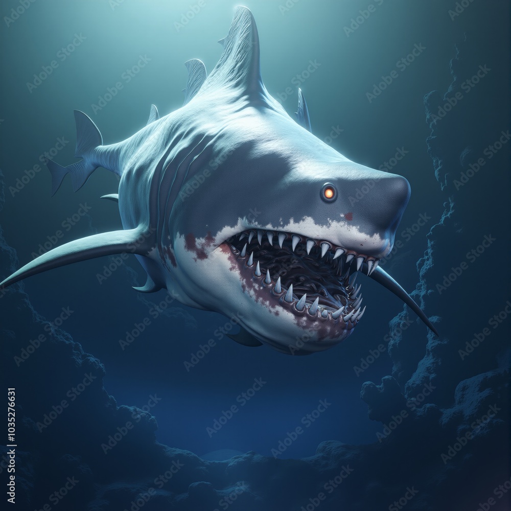 Fierce Megalodon in Abyssal Depths - Concept Illustration for Underwater Adventures Fierce Megalodon in Abyssal Depths - Concept Illustration for Underwater Adventures