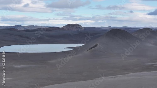 Aerial view of a beautiful lake surrounded by majestic mountains and a tranquil valley, Kambar, Iceland. photo