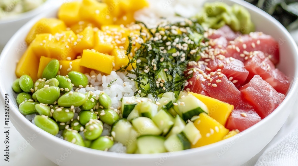 A colorful poke bowl with fresh ahi tuna, avocado, mango A colorful poke bowl with fresh ahi tuna, avocado, mango