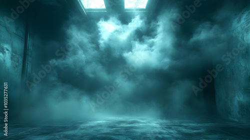 Eerie Foggy Room with Concrete Walls - Spooky Atmosphere, Creepy Vibes, Mysterious Setting, Abstract Background, 3D Rendering, Digital Art, Surreal Landscape, Foggy Interior photo