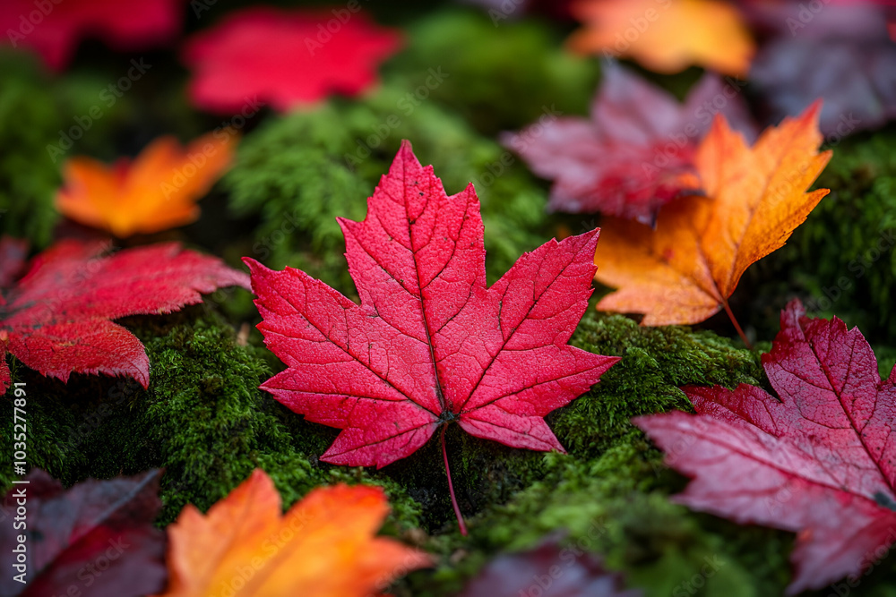Vibrant autumn leaves in shades of red, orange, and purple, scattered over a lush green mossy background. Vibrant autumn leaves in shades of red, orange, and purple, scattered over a lush green mossy background.